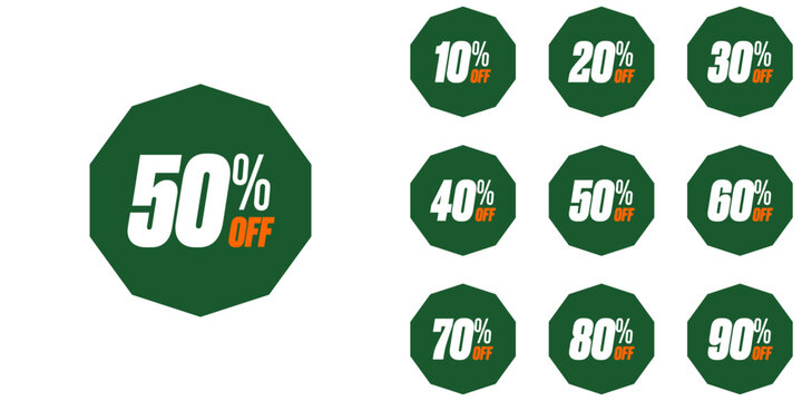 Discount percent stickers. Discount price tags set. Colored Decagonal Shaped Discount Percentage tags with sell up to 10%, 20% ,30%, 40%, 50%, 60%, 70%, 80%, 90%. Editable EPS file.