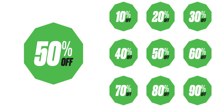 Discount percent stickers. Discount price tags set. Colored Decagonal Shaped Discount Percentage tags with sell up to 10%, 20% ,30%, 40%, 50%, 60%, 70%, 80%, 90%. Editable EPS file.