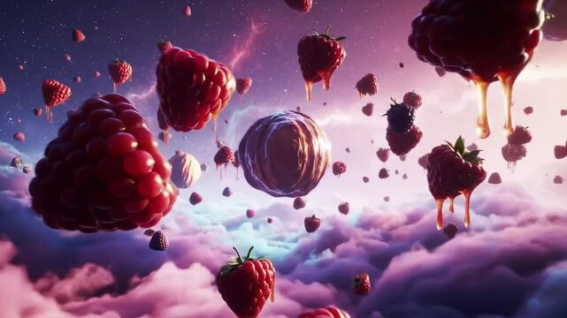 Dreamy Berries Floating Among Cloud In Imaginative Celestial Space