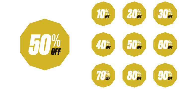 Discount percent stickers. Discount price tags set. Colored Decagonal Shaped Discount Percentage tags with sell up to 10%, 20% ,30%, 40%, 50%, 60%, 70%, 80%, 90%. Editable EPS file.