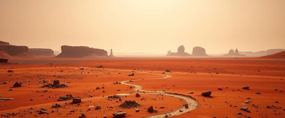 Vast, rust-colored plains under a pale Martian sky, sparse rock formations,  still,  texture