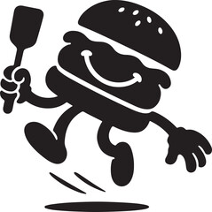 Silhouette vector of a burger flipping in mid-air, perfect for dynamic food branding, cooking themes, and fast food promotional designs.