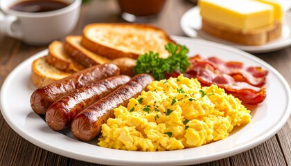 Traditional breakfast plate with scrambled eggs, bacon, sausages, and buttered toast 
