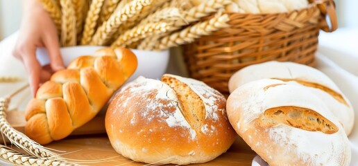 Assortment of fresh baked bread, including a braided loaf, round loaf, and a baguette, with a basket of wheat stalks in the background.