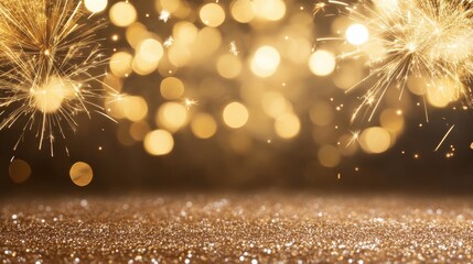 Fototapeta premium Glittering festive fireworks with golden bokeh background