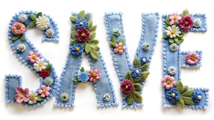 The inscription "SAVE" made of denim letters with delicate flowers on a white background isolated. Alphabet