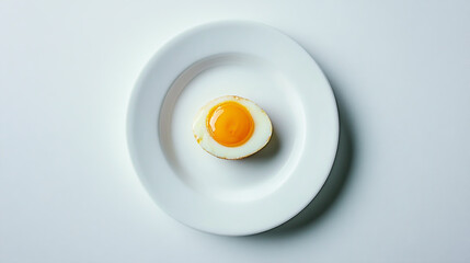 Halved hard-boiled egg with vibrant golden yolk, placed on a clean white plate, styled as a healthy breakfast option