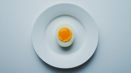 Halved hard-boiled egg with vibrant golden yolk, placed on a clean white plate, styled as a healthy breakfast option