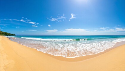 Obraz premium Sunny gold sandy beach, panorama. Panoramic view tranquil sandy beach. Peaceful sea 