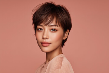 A soft and graceful Asian woman with a delicate pixie haircut slightly longer bangs, smooth side layers, and a natural brown hair color. Wearing a pastel blouse, glowing skin, and a warm gradient back