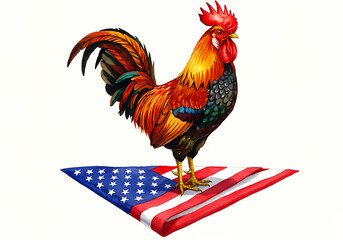 Colorful rooster standing on american flag isolated on white background