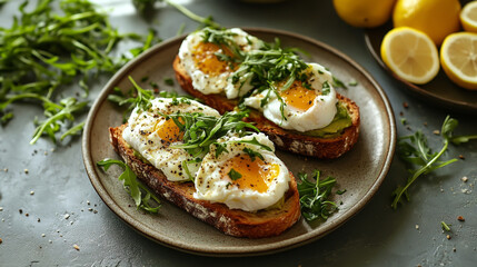 High-quality breakfast scene with artisanal avocado toast topped with perfectly poached eggs, garnished with fresh arugula