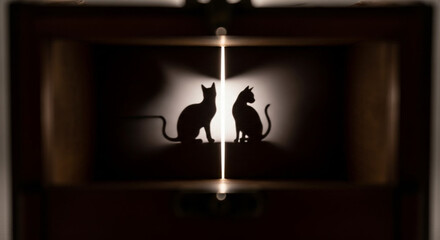 Silhouette of Schrodinger Cat Revealed from Box Representing Quantum Uncertainty and Dual Nature