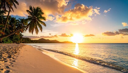 Summer island palm tree sea sand beach. Panoramic beach landscape. Inspire tropical n