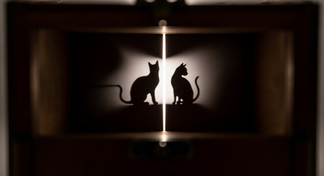 Silhouette of Schrodinger Cat Revealed from Box Representing Quantum Uncertainty and Dual Nature