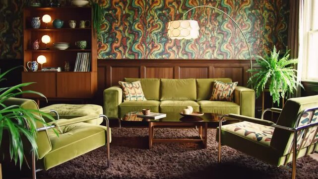 Retro living room: green velvet sofas, psychedelic wallpaper, wood paneling, arc lamp. For period films, design showcases, quirky interiors. A bold immersion into 70s maximalism. 4k 60 fps