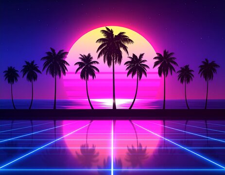 Retro futuristic sunset landscape background of 80-90s style with palms silhouette  - Powered by Adobe
