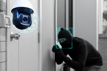 Smart surveillance camera detecting masked thief breaking into door, concept of AI security and crime prevention