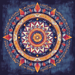 Intricate colorful mandala pattern with floral elements on dark background  