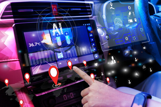 AI smart car dashboard with GPS navigation, digital interface, and futuristic autonomous vehicle technology