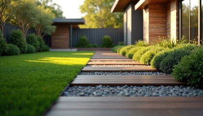 Fototapeta premium Modern Australian home with artificial grass lawn. Contemporary house with wooden path, pebbles, rich green plants, bushes, trees. Residential real estate design. Artificial turf, eco friendly. Home