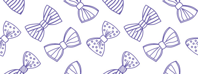 Hand-drawn seamless pattern of purple bow ties with stripes and polka dots on a white background. Ideal for fashion, textile, or celebration-themed designs. Great for wrapping paper, apparel, or party