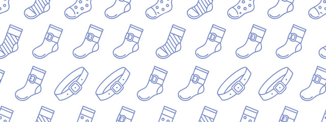 Hand-drawn seamless pattern of socks and underwear in various styles. Fun sketch design ideal for textile prints, packaging, or children’s apparel. Clean and minimal line art illustration.