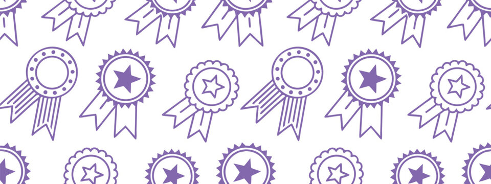 Seamless pattern of award ribbons and badges in purple outline on white background. Perfect for recognition, achievement, and celebration themes in design projects. 