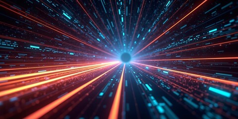 a 3D digital tunnel with light trails and floating alphanumeric data