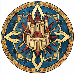 Castle surrounded by ornate patterns in a colorful mandala design  