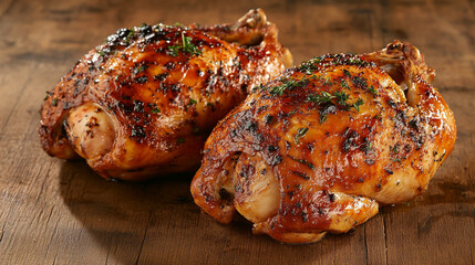 Two perfectly roasted chicken halves on a rustic wooden table, showcasing golden-brown crispy skin, garnished with herbs