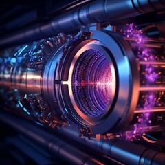 Fototapeta premium 3D atom accelerator particle collider. Science physics atomic power research concept design. Modern molecular micro lab matter analysis vector illustration symbol