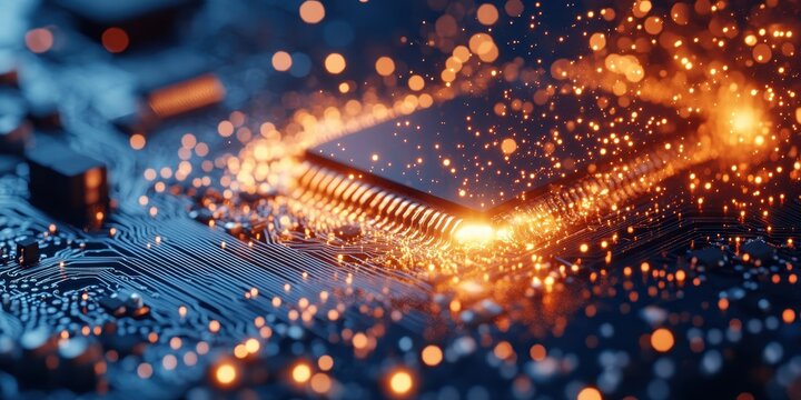 Microprocessore in fiamme, scintille e circuito integrato