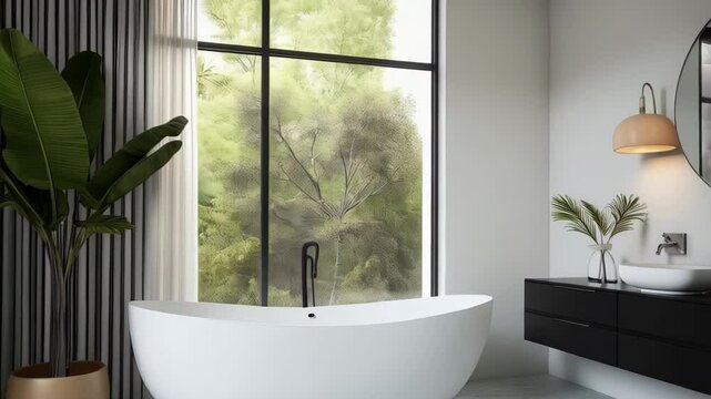 Discover exquisite bathroom design featuring a trendy vanity, elegant bathtub, and large windows for a bright, airy atmosphere