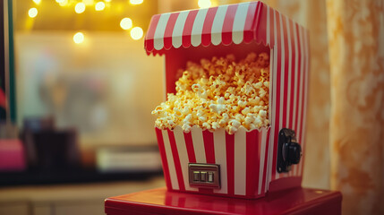 Vintage popcorn machine with a classic striped awning, overflowing with freshly popped kernels