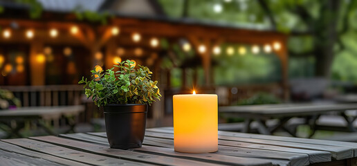 A lit candle and a potted plant on a wooden table at an outdoor cafe.  String lights and the cafe building are blurred in the background.