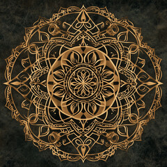 Intricate Celtic mandala pattern in golden tones on dark background  