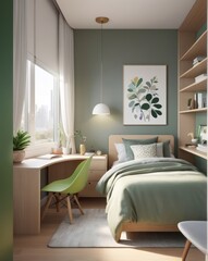 Fototapeta premium Small bedroom with study nook, featuring muted greens and light wood. A cozy, compact space with a window view