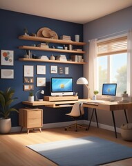 Cozy corner home office with floating shelves, a desk, and a window view