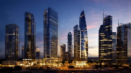 Timelapse wide shot of a modern illuminated city skyline with sleek glass skyscrapers transitioning from dusk to night, showing street activity and reflections on a waterfront