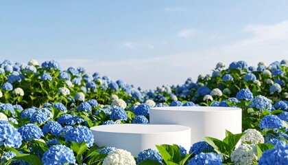 Fototapeta premium Natural beauty podium backdrop for product display with Hydrangea flower field. 
