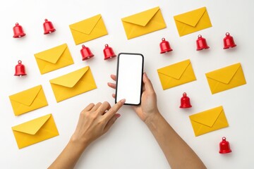 Hands Interacting with Smartphone Surrounded by Yellow Envelopes and Bells