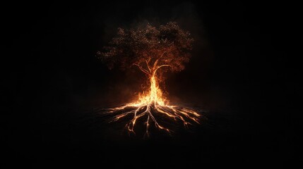 Fiery tree with glowing roots on dark background