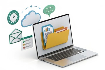 Colorful Cloud Folder Icons on Laptop with Chat and Notification Elements