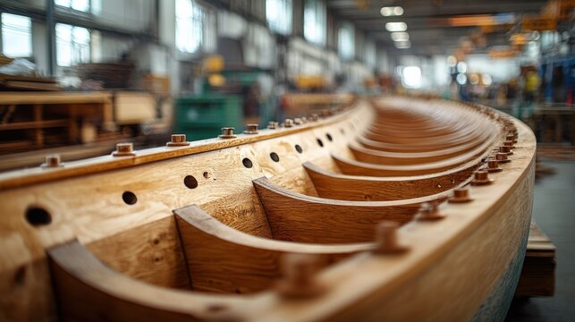 Detailed view of a wooden boat hull under construction in a bustling workshop environment