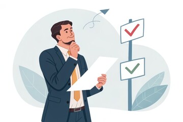 Businessman in Formal Suit Holding Papers and Thinking with Checklist Background