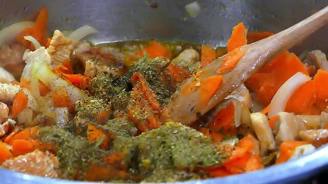 Cooking meat with carrots and onions.