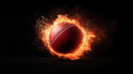 Fiery cricket ball in flames on dark background