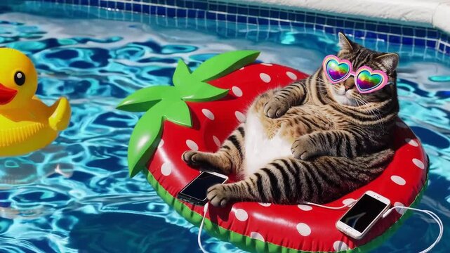 Funny cat wearing rainbow heart sunglasses lounging on a strawberry float in swimming pool with phones and rubber duck