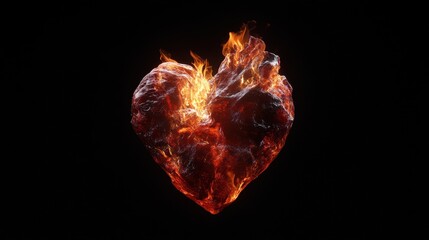 Fiery heart ablaze with flames on dark background